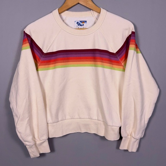 Marine Layer Tops - Marine Layer Cloud 9 Fleece Sweatshirt Womens Size Small Striped Cream Retro